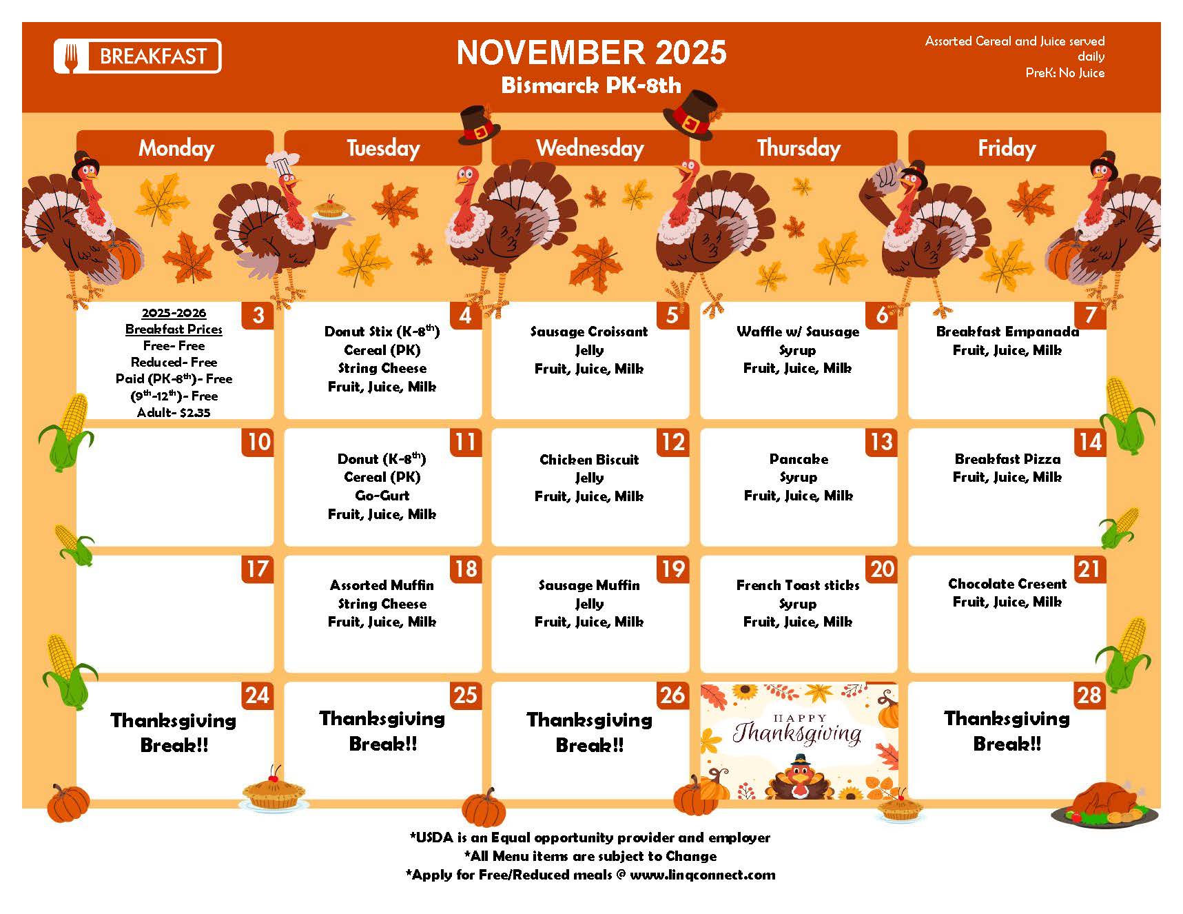 November 2025 PreK-8th Breakfast Menu